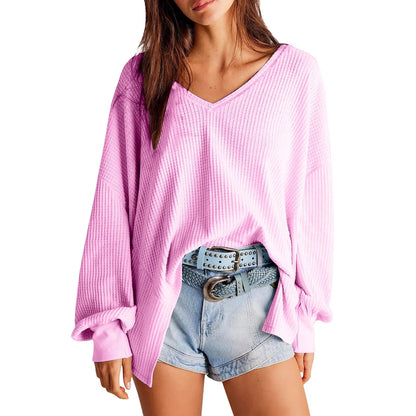 Pullover Blouses - Slouchy Waffle Textured Knit for Relaxed Days