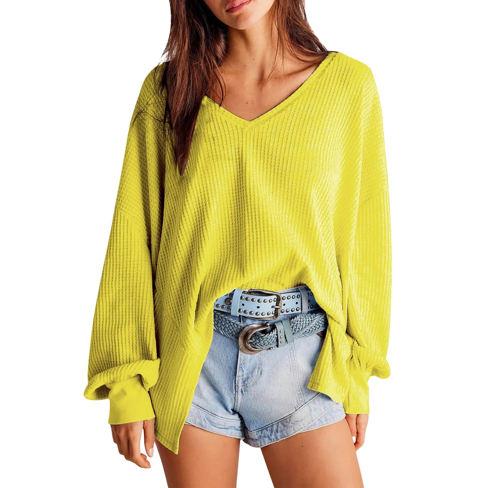 Pullover Blouses - Slouchy Waffle Textured Knit for Relaxed Days