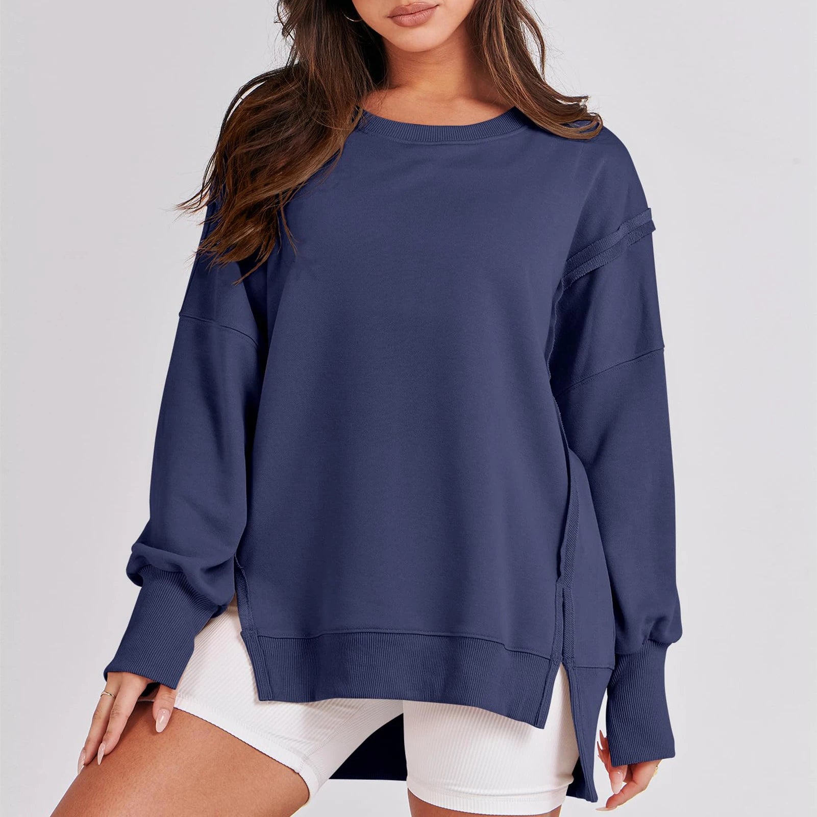 Pullover Sweaters - Casual High-low Hem Baggy Sweatshirt-Side Slits