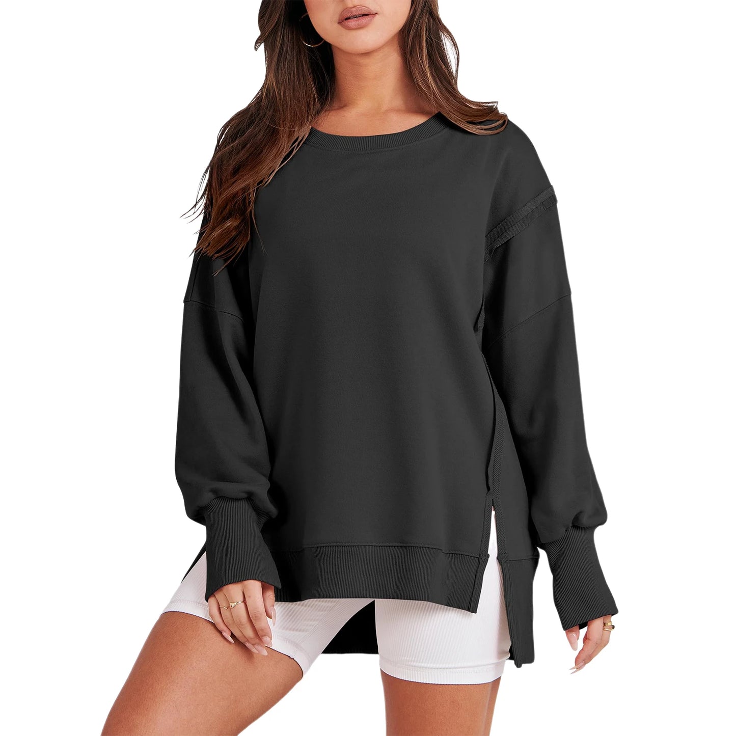 Pullover Sweaters - Casual High-low Hem Baggy Sweatshirt-Side Slits