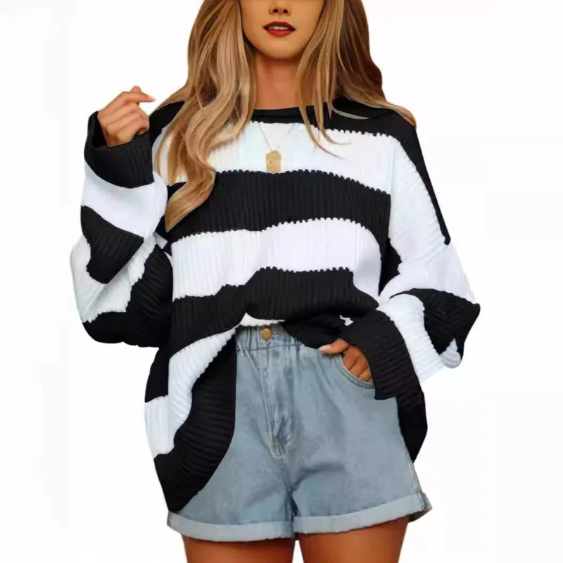 Pullover Sweaters - Casual Striped Chilly Season Oversized Pullover Sweater”