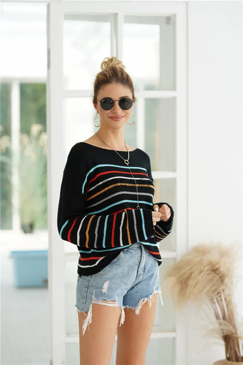 Pullover Sweaters - Chic Multicolor Striped Knit Pullover