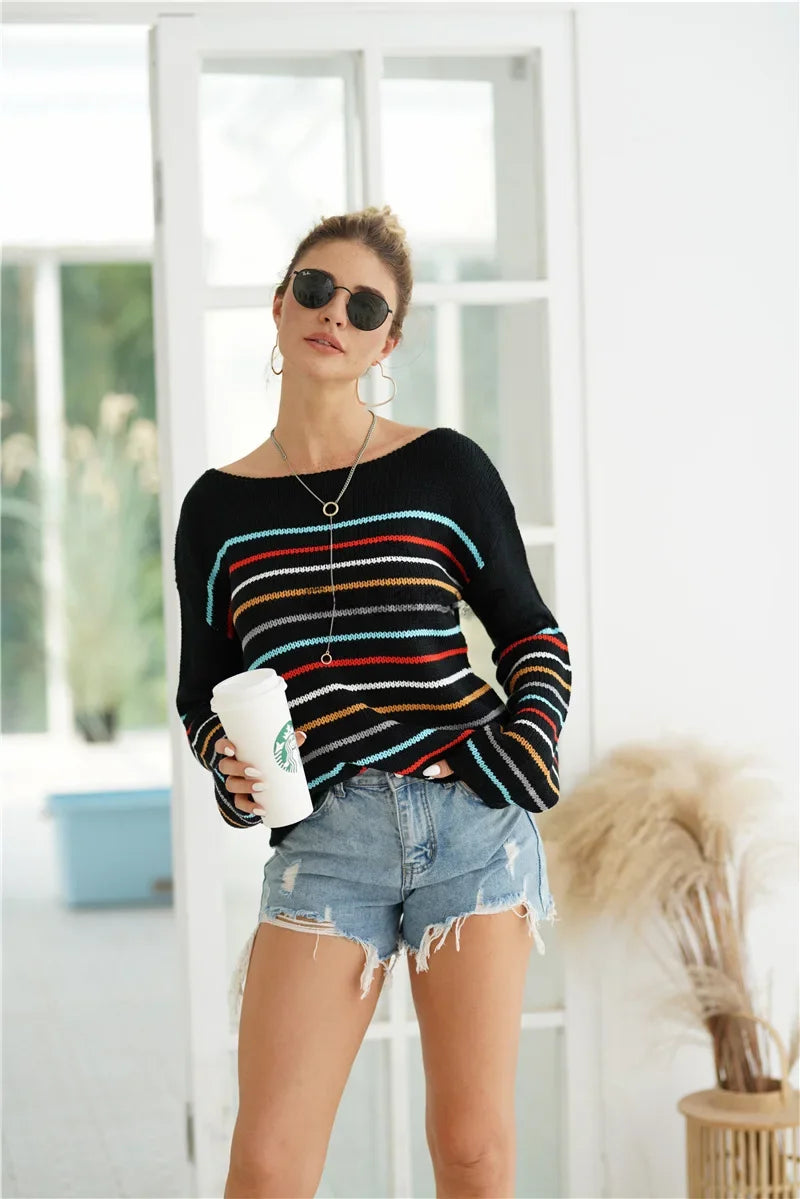 Pullover Sweaters - Chic Multicolor Striped Knit Pullover