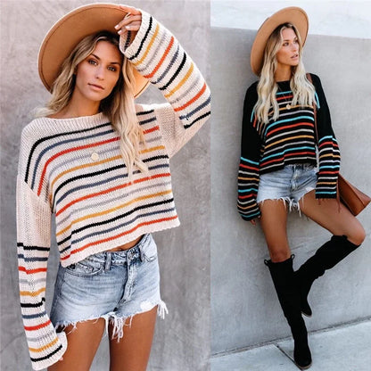 Pullover Sweaters - Chic Multicolor Striped Knit Pullover