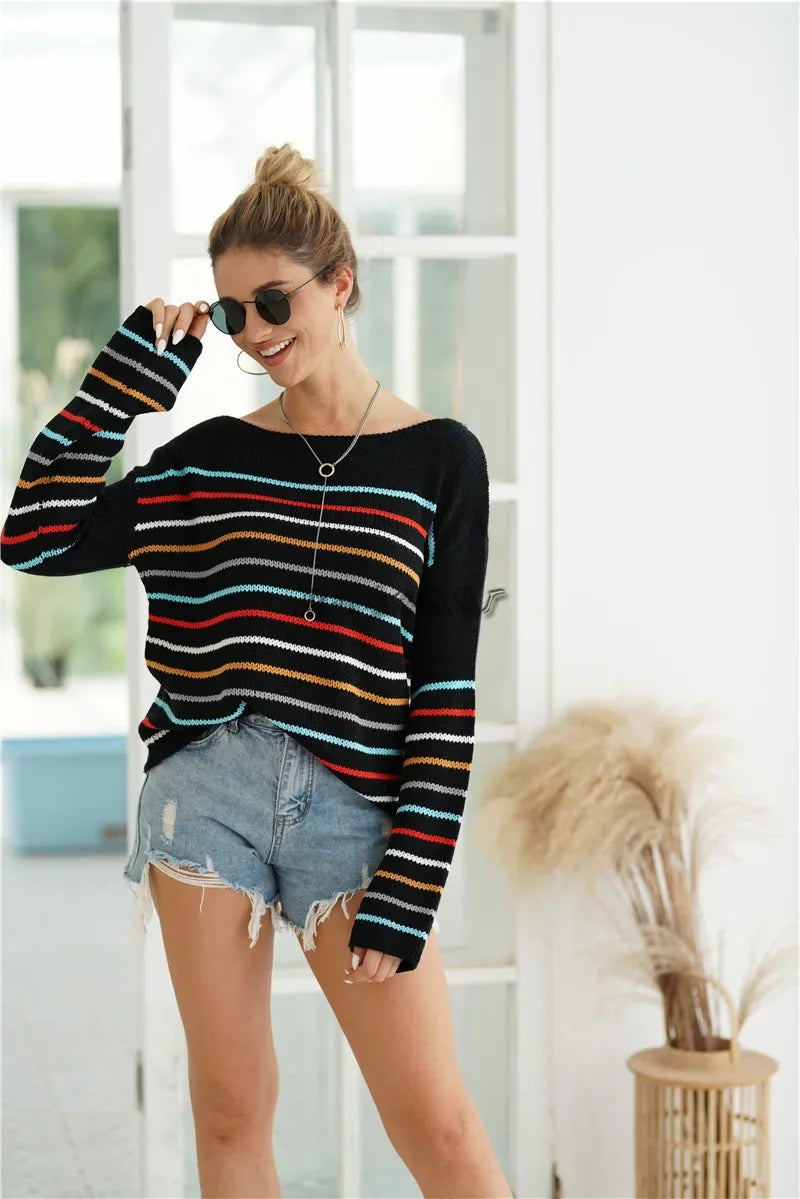 Pullover Sweaters - Chic Multicolor Striped Knit Pullover