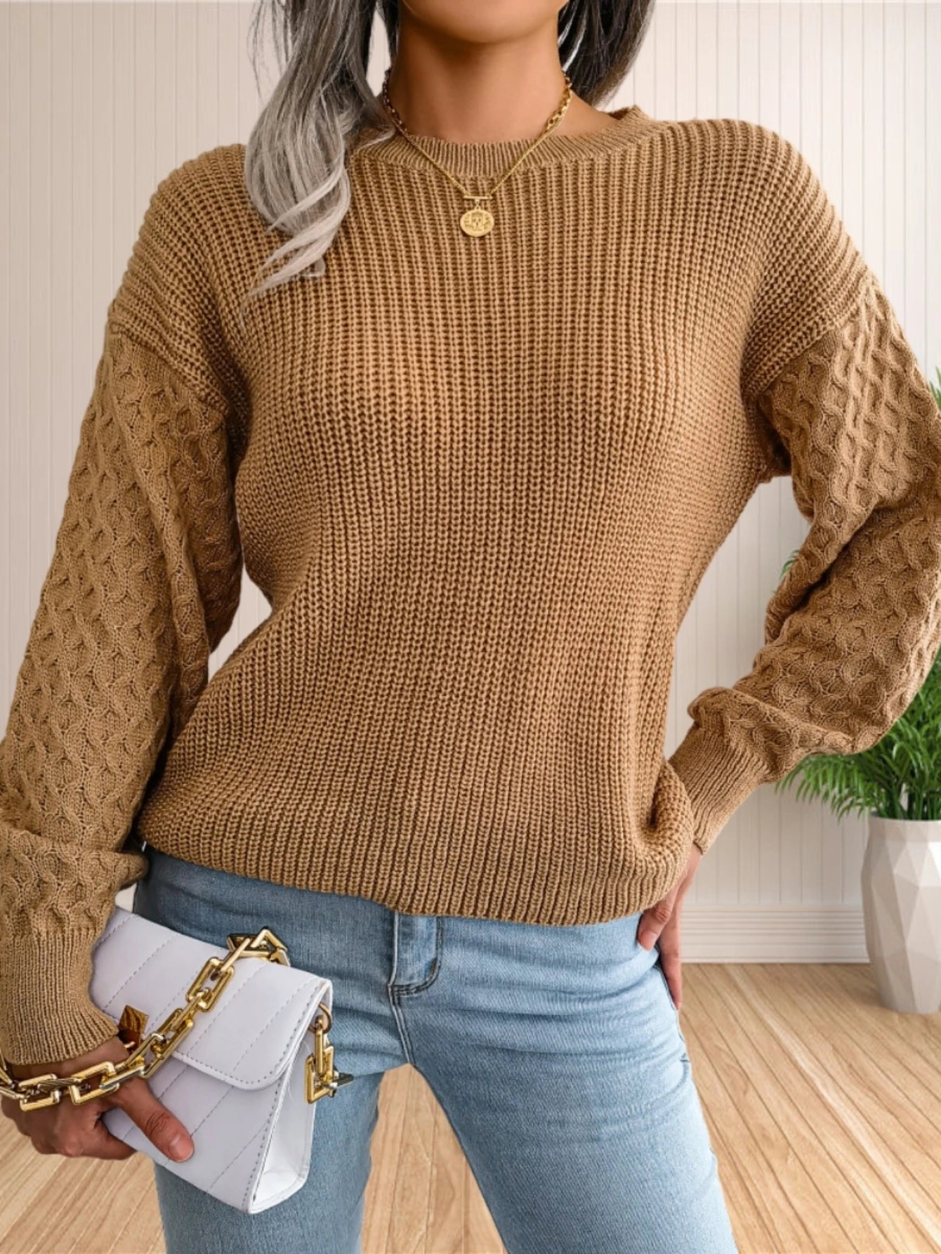 Pullover Sweaters - Chic Textured Crew Neck Sweater