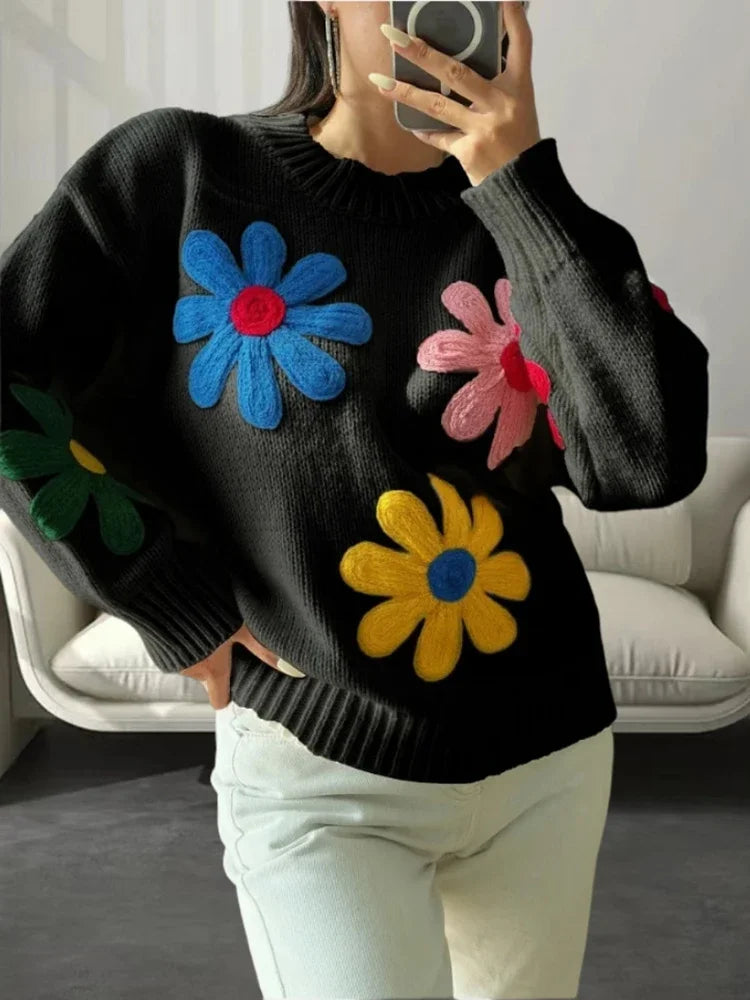 Pullover Sweaters - Flower Patch Work Pullover Plush Sweater