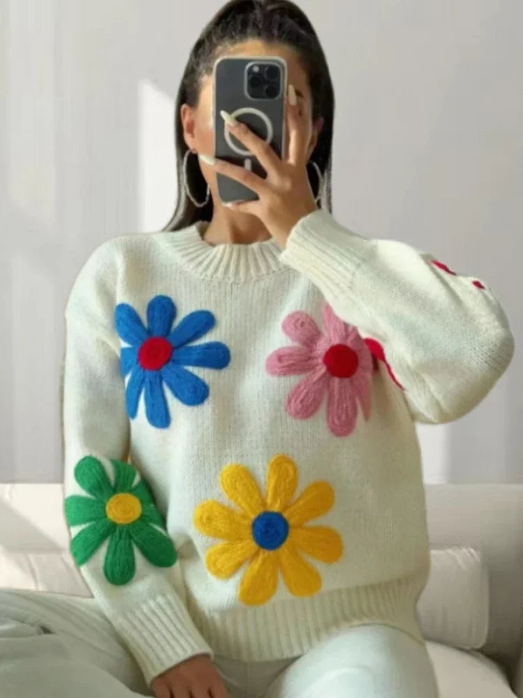 Pullover Sweaters - Flower Patch Work Pullover Plush Sweater