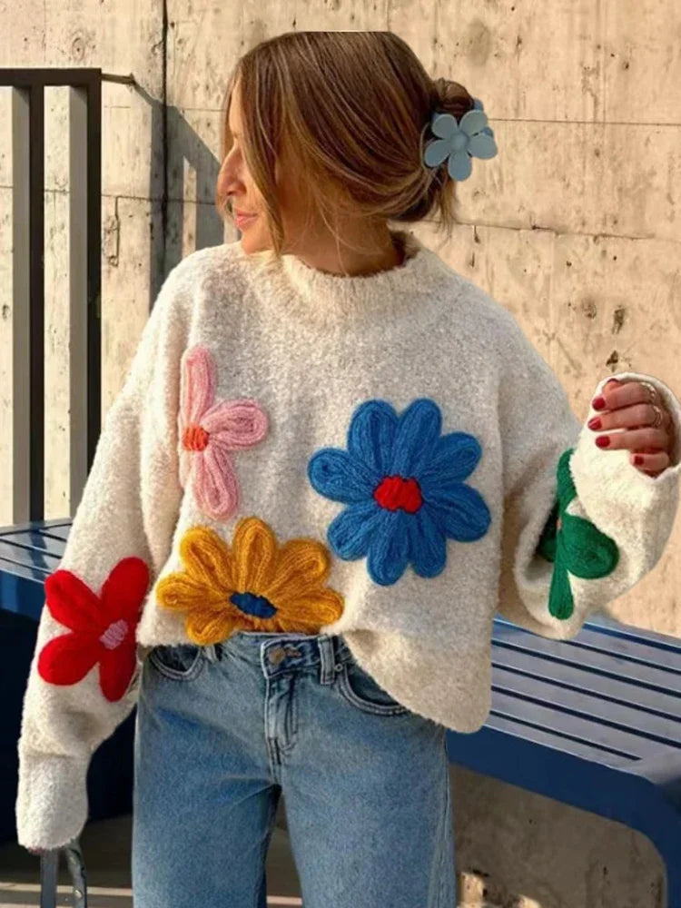 Pullover Sweaters - Flower Patch Work Pullover Plush Sweater