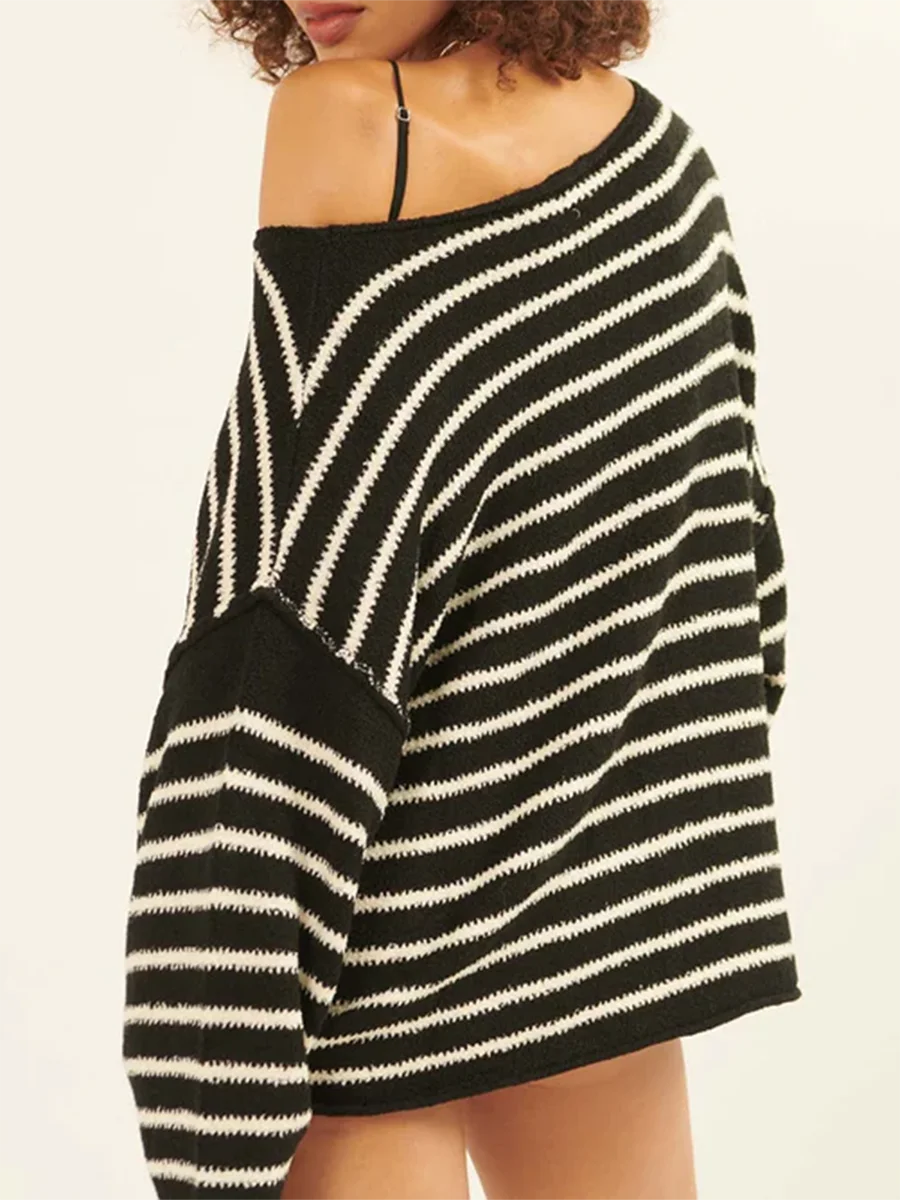 Pullover Sweaters - Oversized Striped Drop Shoulder Jumpers Tops