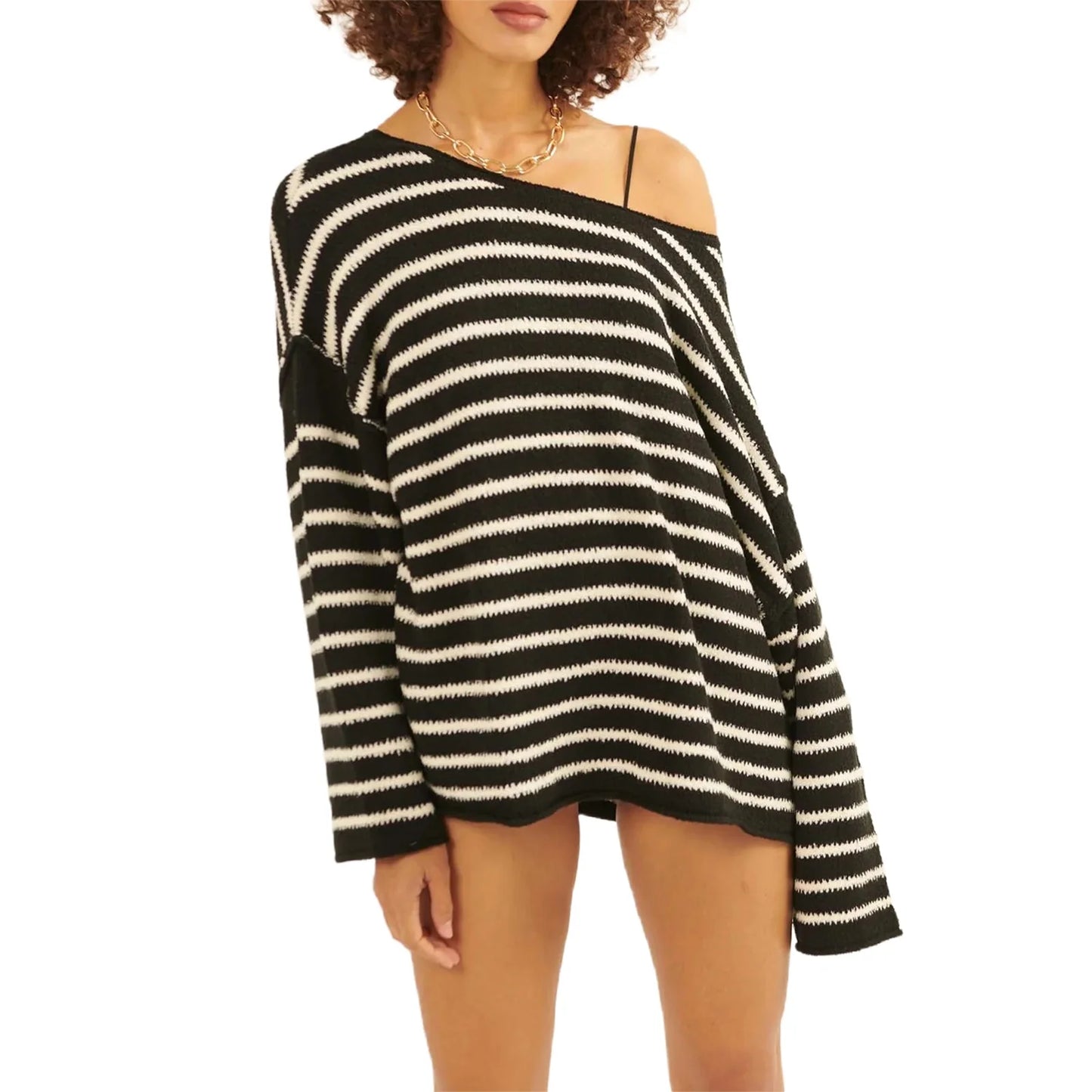 Pullover Sweaters - Oversized Striped Drop Shoulder Jumpers Tops