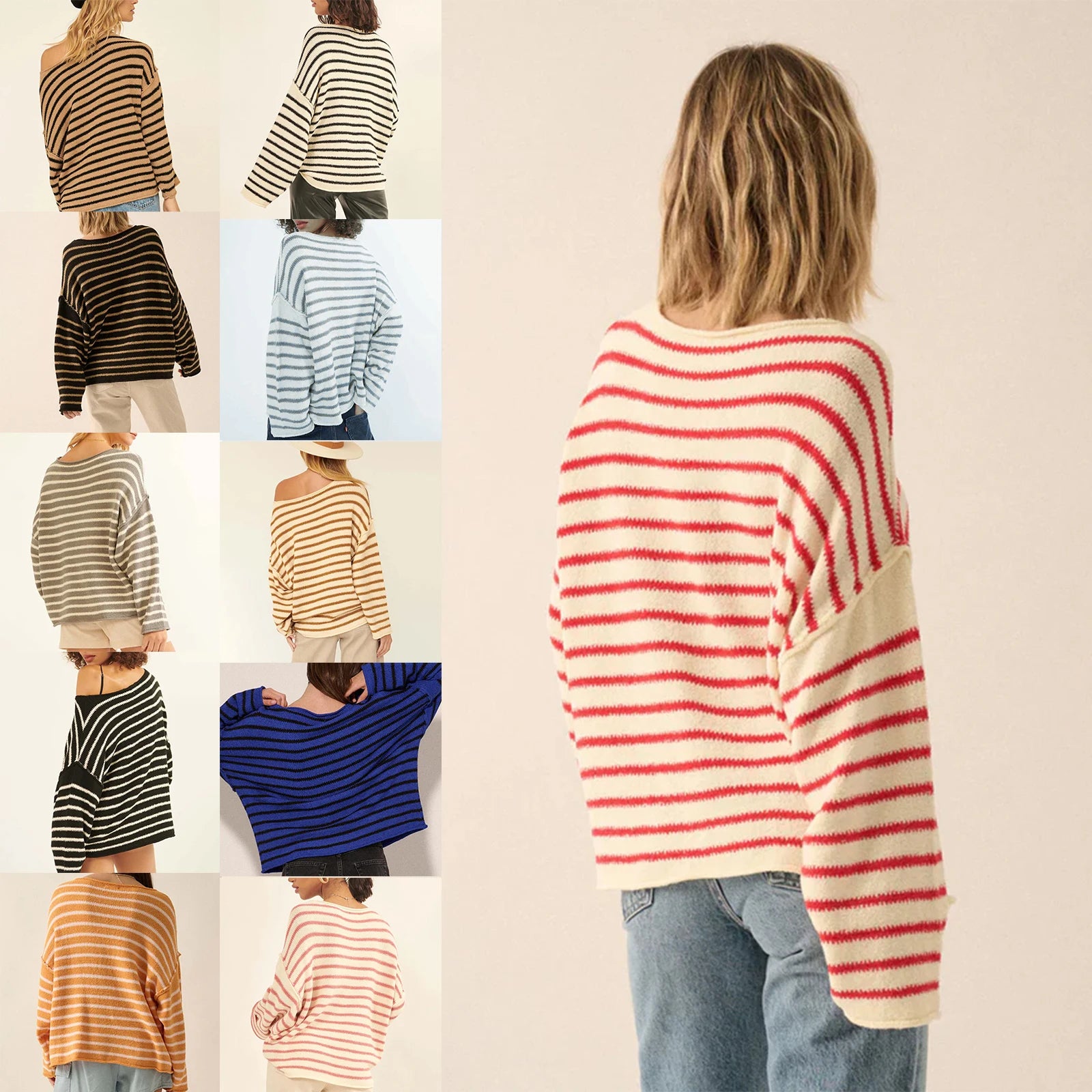 Pullover Sweaters - Oversized Striped Drop Shoulder Jumpers Tops