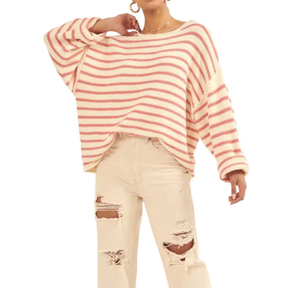 Pullover Sweaters - Oversized Striped Drop Shoulder Jumpers Tops