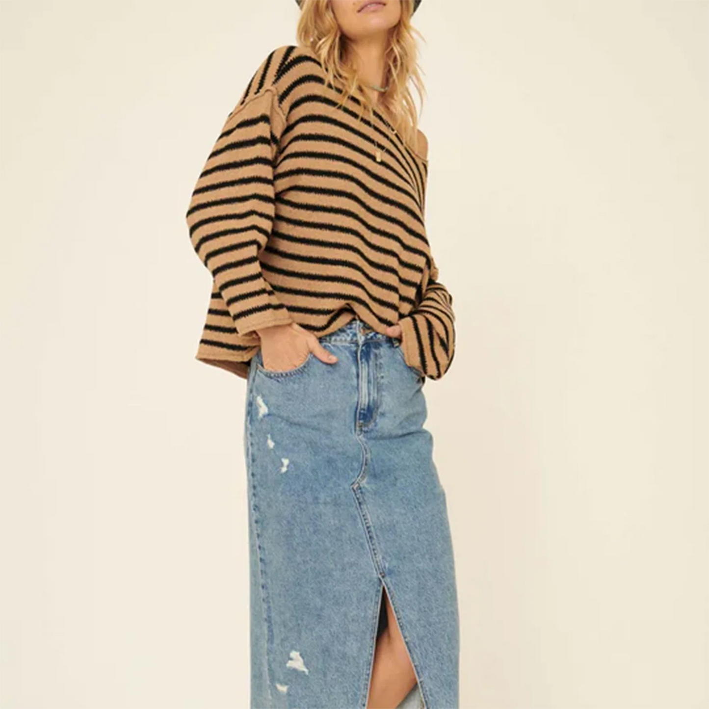 Pullover Sweaters - Oversized Striped Drop Shoulder Jumpers Tops