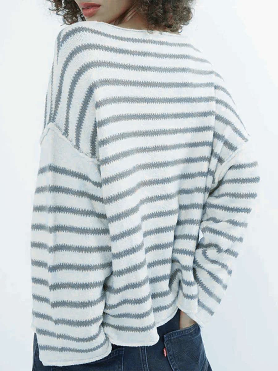 Pullover Sweaters - Oversized Striped Drop Shoulder Jumpers Tops