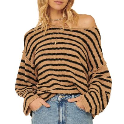 Pullover Sweaters - Oversized Striped Drop Shoulder Jumpers Tops