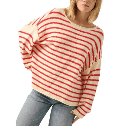 Pullover Sweaters - Oversized Striped Drop Shoulder Jumpers Tops