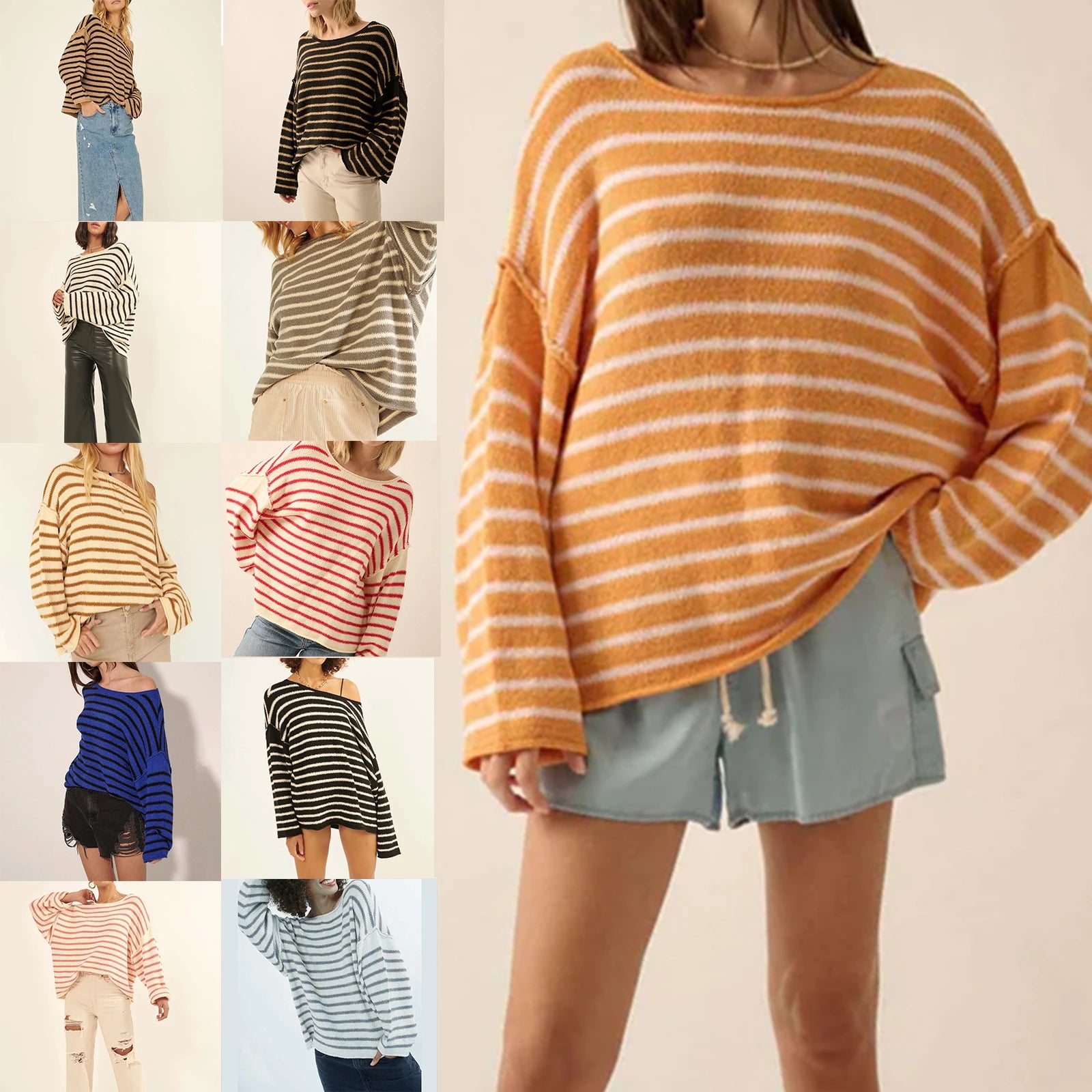 Pullover Sweaters - Oversized Striped Drop Shoulder Jumpers Tops