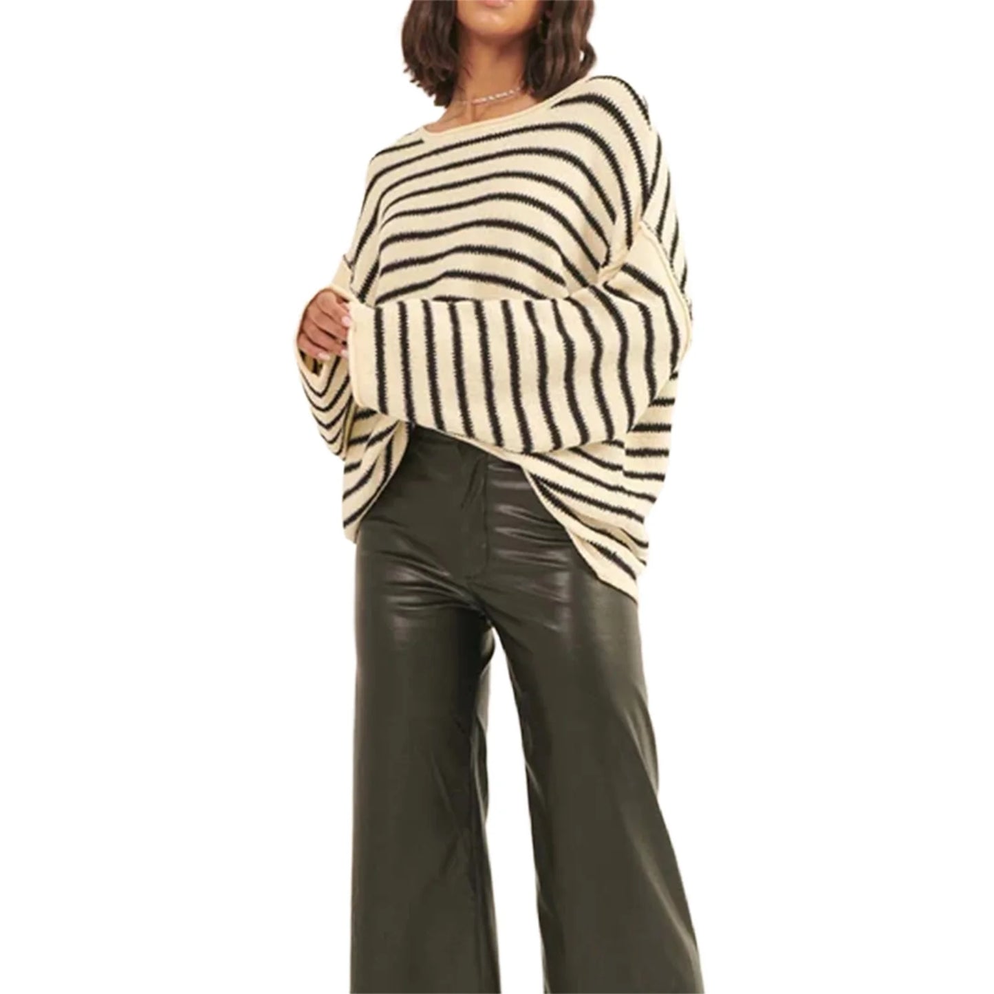 Pullover Sweaters - Oversized Striped Drop Shoulder Jumpers Tops