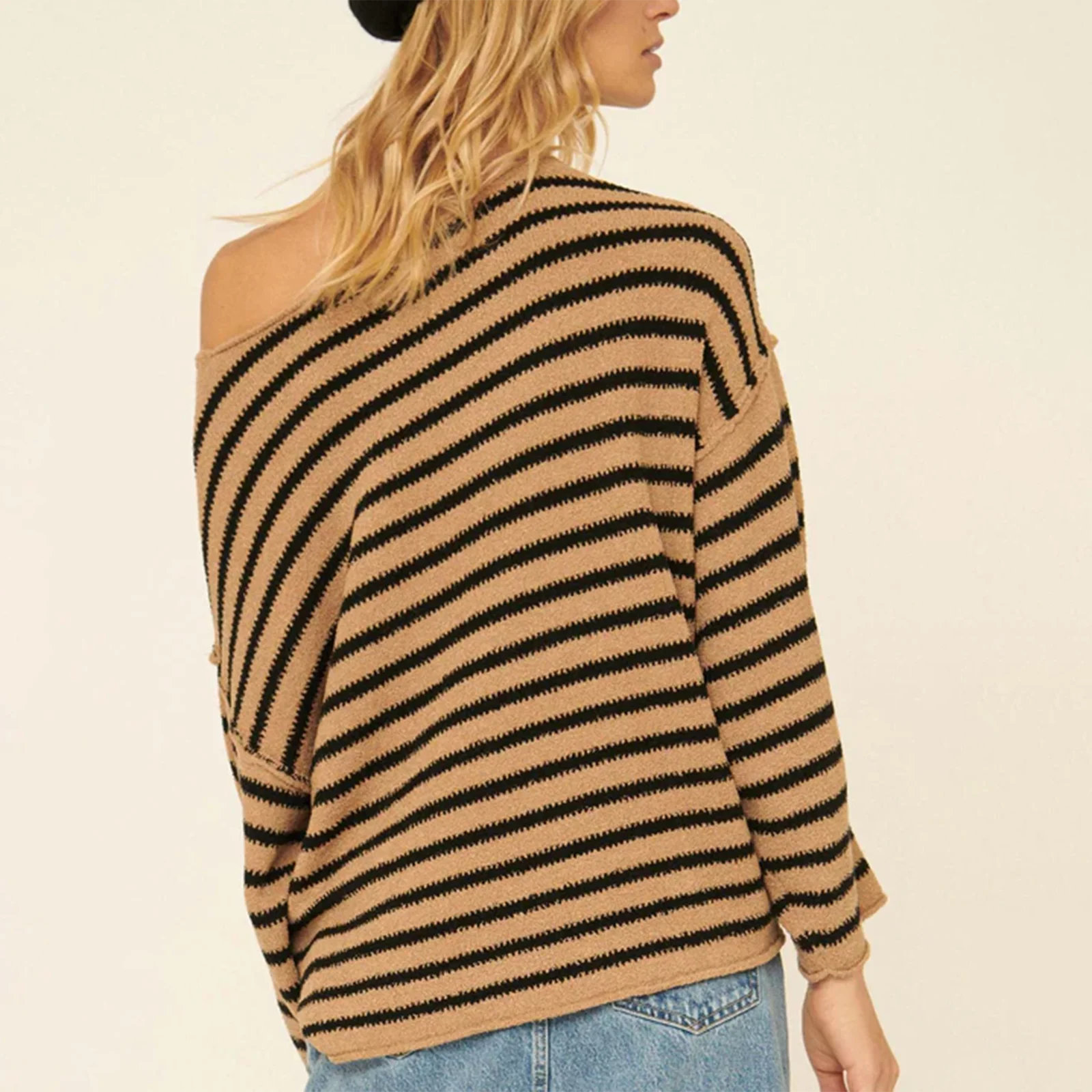 Pullover Sweaters - Oversized Striped Drop Shoulder Jumpers Tops