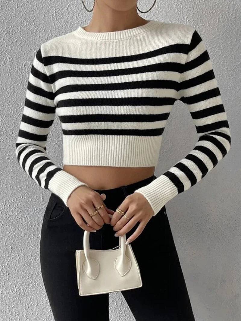 Pullover Sweaters - Sailor Striped Basic Crop Sweaters – Slim Fit