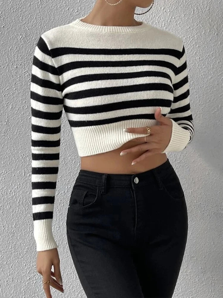 Pullover Sweaters - Sailor Striped Basic Crop Sweaters – Slim Fit