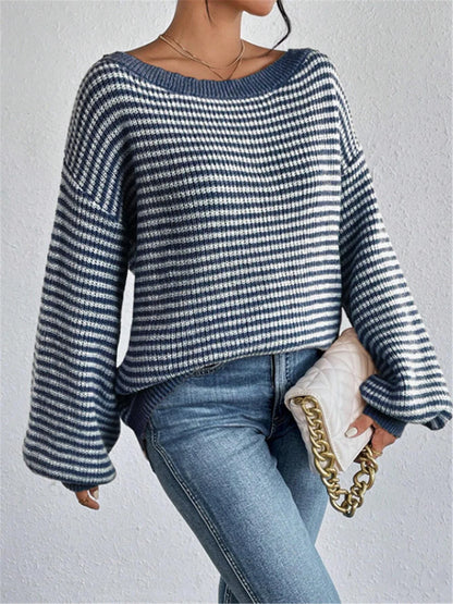 Pullover Sweaters - Striped Stockinette Stitch Knit Baggy Sweater and Solid Trims