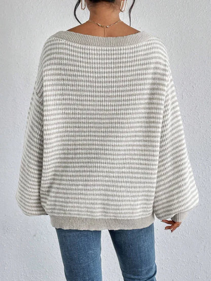 Pullover Sweaters - Striped Stockinette Stitch Knit Baggy Sweater and Solid Trims