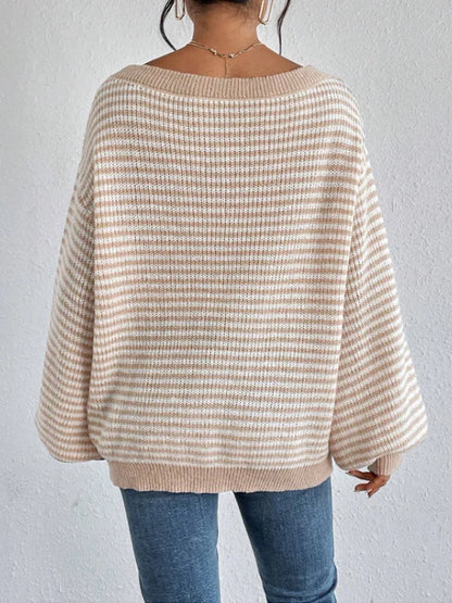 Pullover Sweaters - Striped Stockinette Stitch Knit Baggy Sweater and Solid Trims