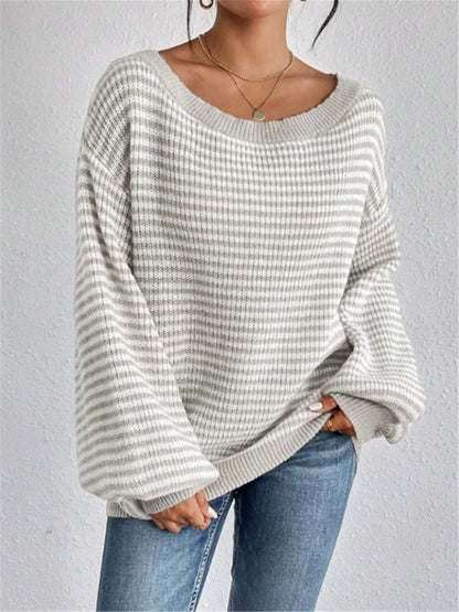 Pullover Sweaters - Striped Stockinette Stitch Knit Baggy Sweater and Solid Trims