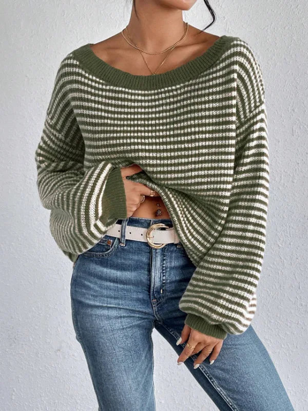 Pullover Sweaters - Striped Stockinette Stitch Knit Baggy Sweater and Solid Trims