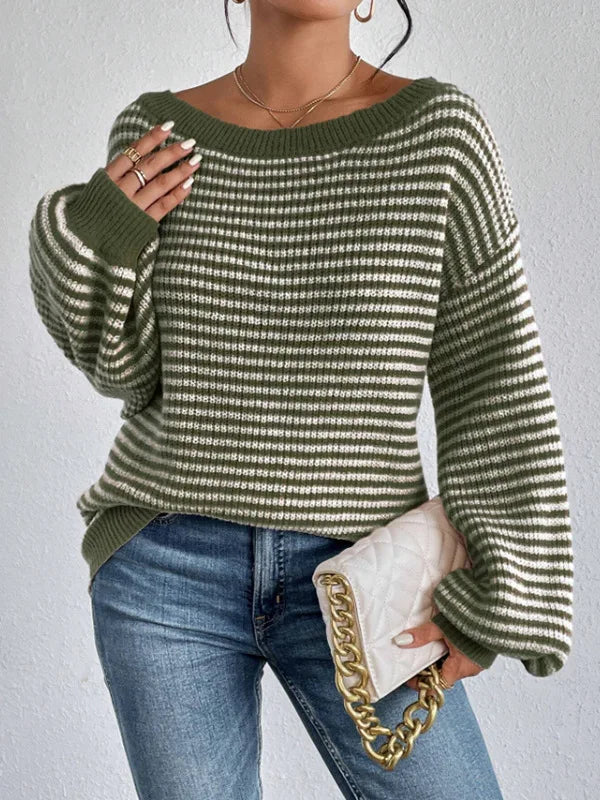 Pullover Sweaters - Striped Stockinette Stitch Knit Baggy Sweater and Solid Trims