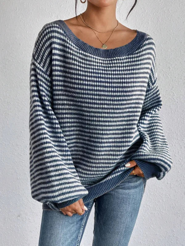 Pullover Sweaters - Striped Stockinette Stitch Knit Baggy Sweater and Solid Trims