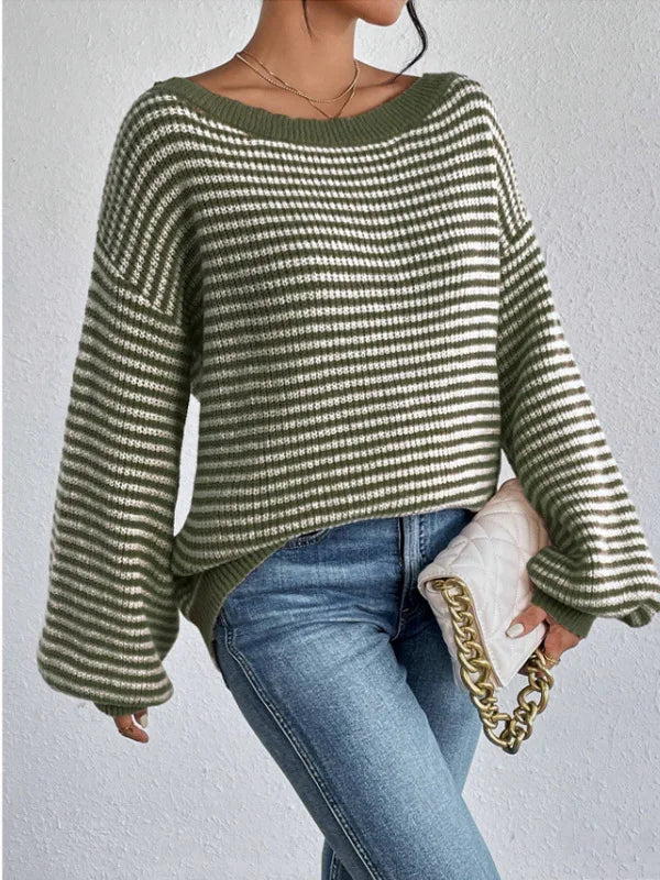 Pullover Sweaters - Striped Stockinette Stitch Knit Baggy Sweater and Solid Trims