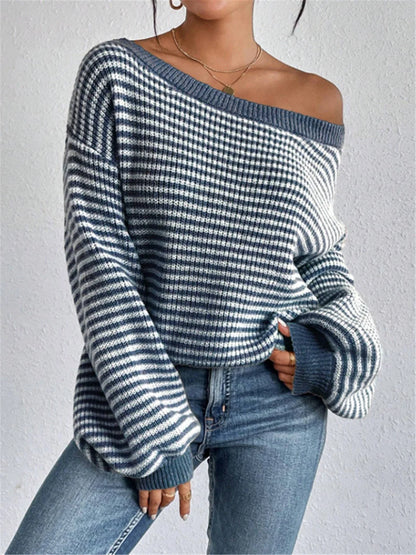 Pullover Sweaters - Striped Stockinette Stitch Knit Baggy Sweater and Solid Trims