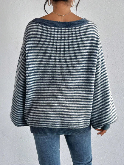 Pullover Sweaters - Striped Stockinette Stitch Knit Baggy Sweater and Solid Trims