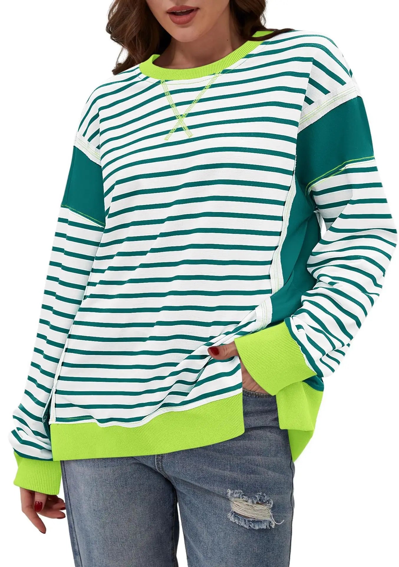 Pullover Sweaters - Stripes & Trims Loose Fit Pullover Sweatshirts