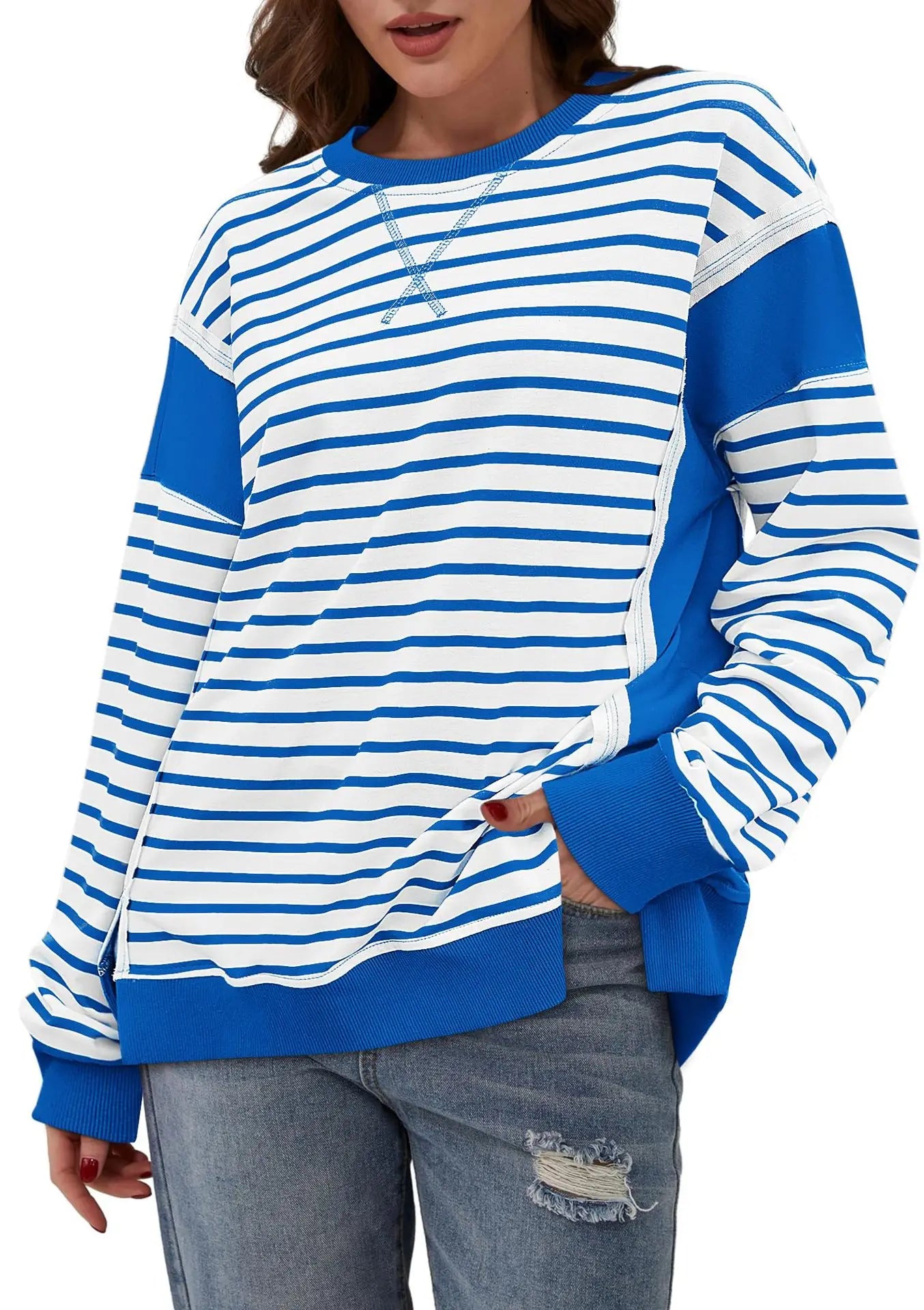 Pullover Sweaters - Stripes & Trims Loose Fit Pullover Sweatshirts