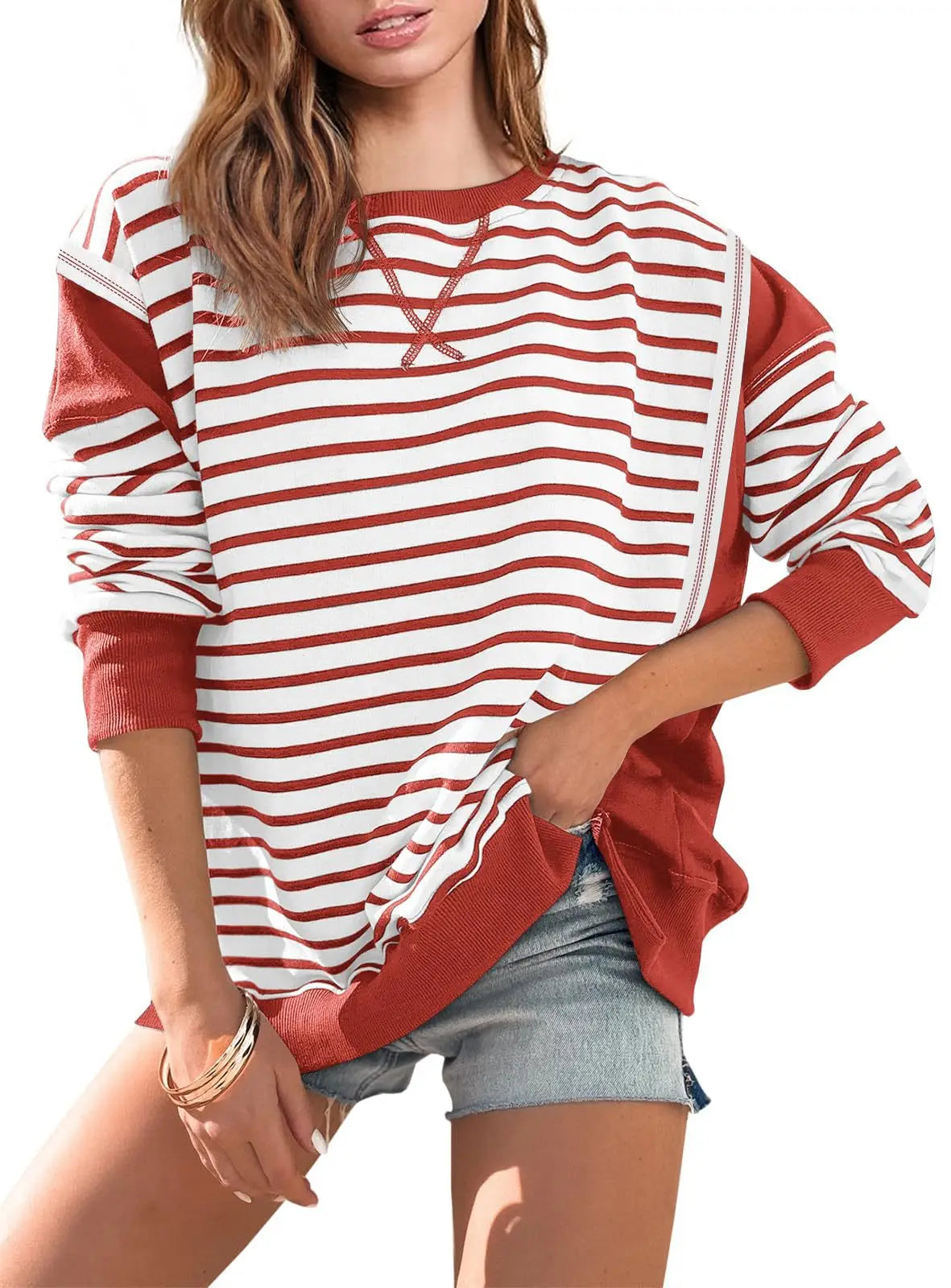 Pullover Sweaters - Stripes & Trims Loose Fit Pullover Sweatshirts