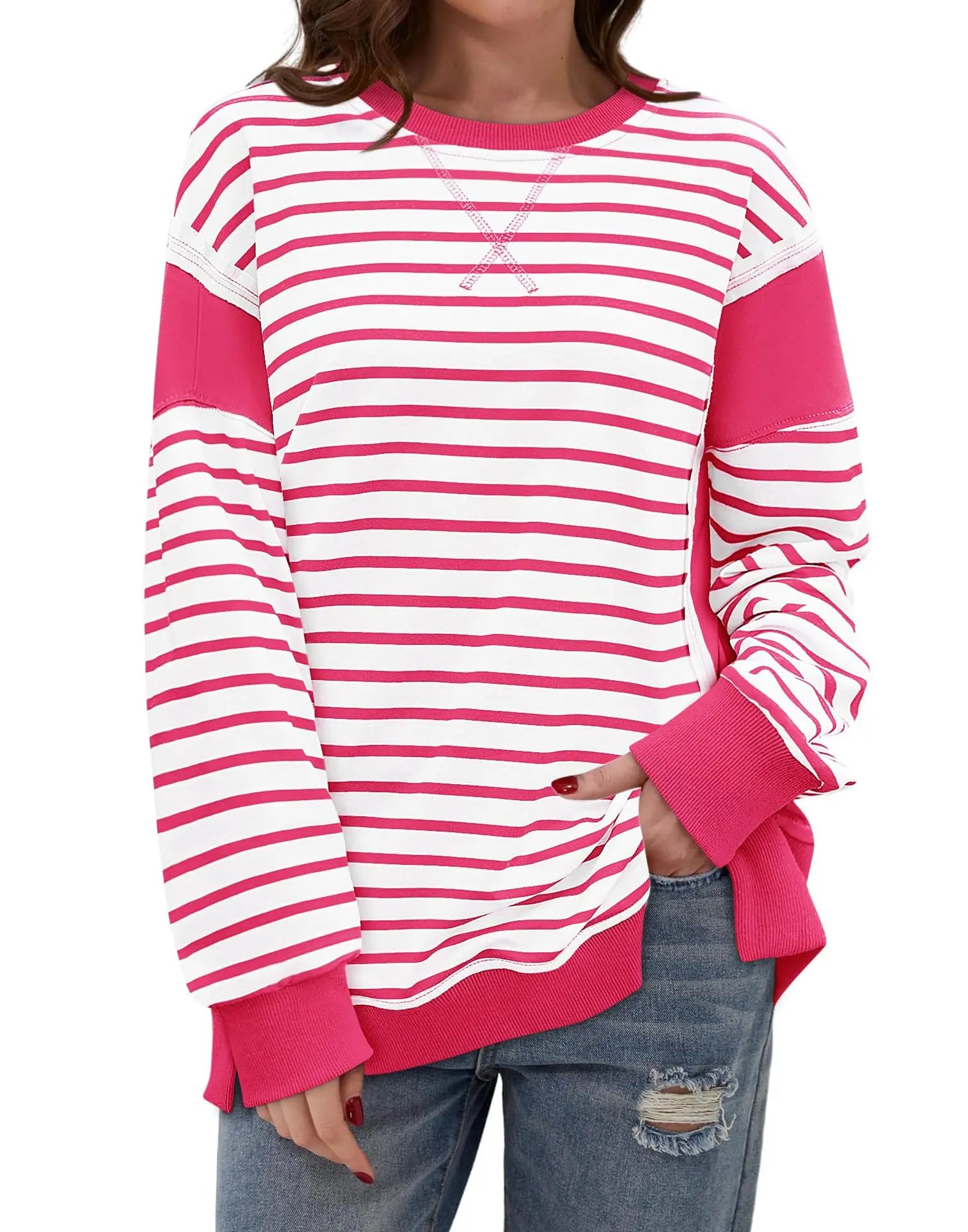 Pullover Sweaters - Stripes & Trims Loose Fit Pullover Sweatshirts