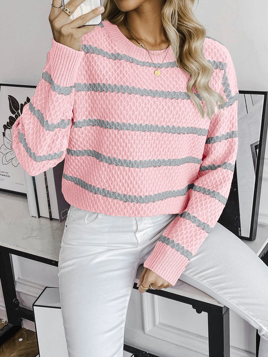 Pullover Sweaters - Stripped Waffle Knit Textured Pullover Sweaters – Regular Fit