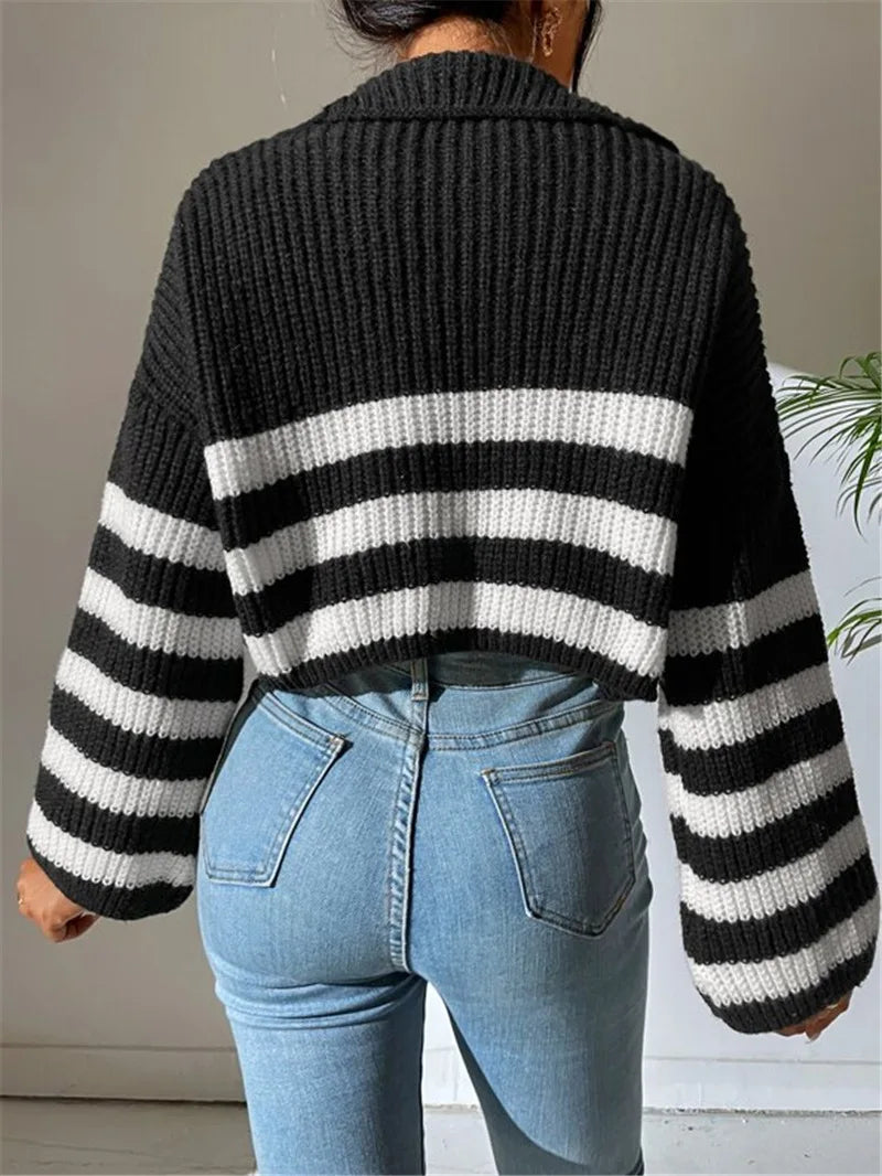 Pullover Sweaters - Zippy Contrast Stripe Flare Sweater