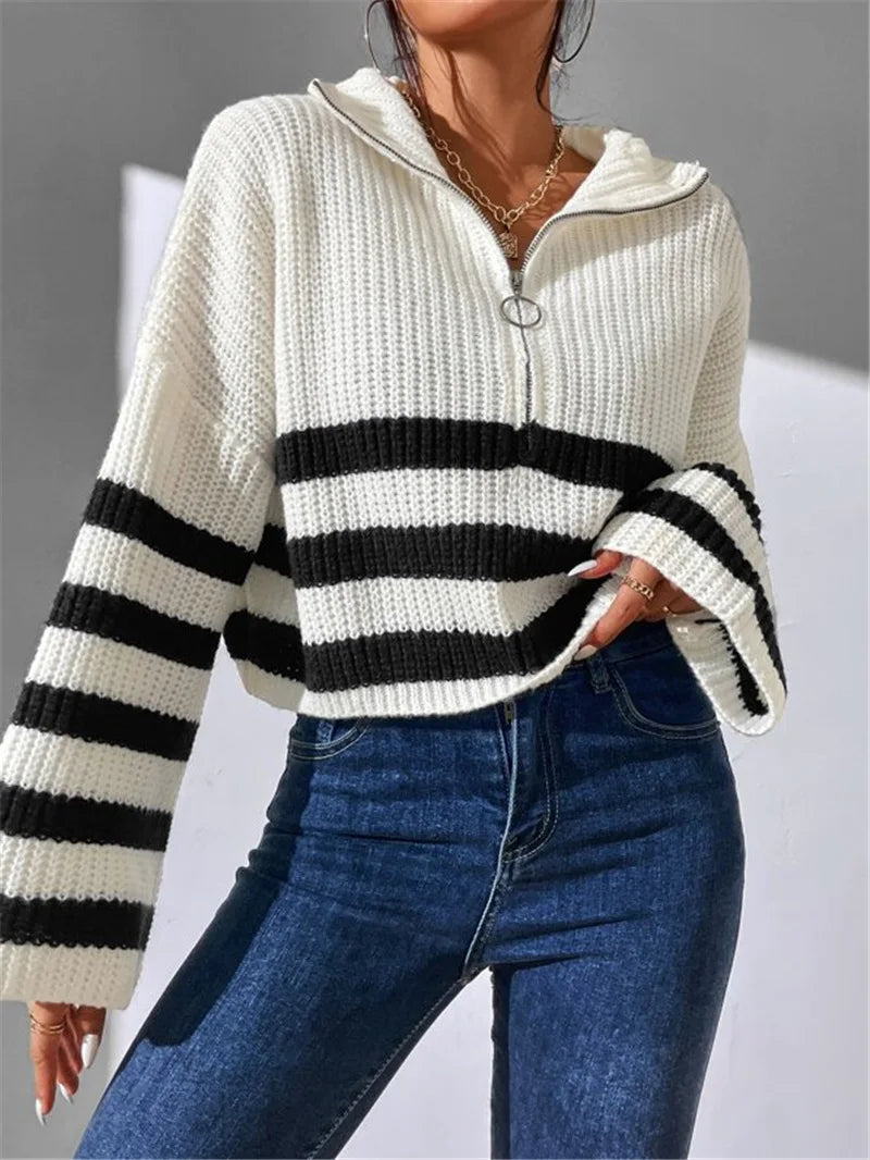 Pullover Sweaters - Zippy Contrast Stripe Flare Sweater