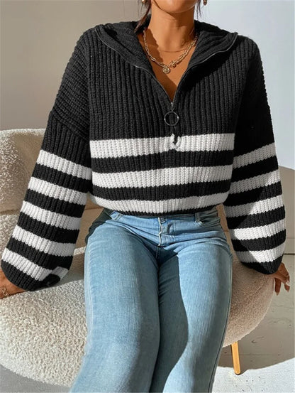 Pullover Sweaters - Zippy Contrast Stripe Flare Sweater