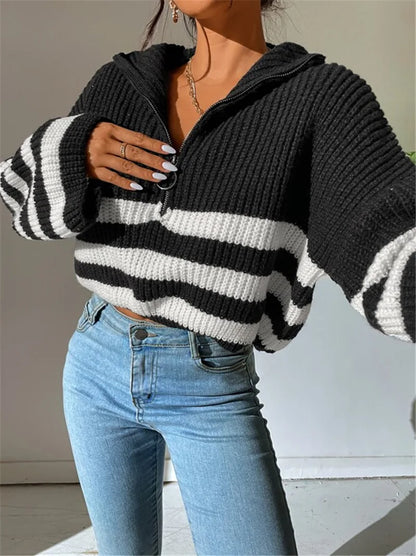 Pullover Sweaters - Zippy Contrast Stripe Flare Sweater