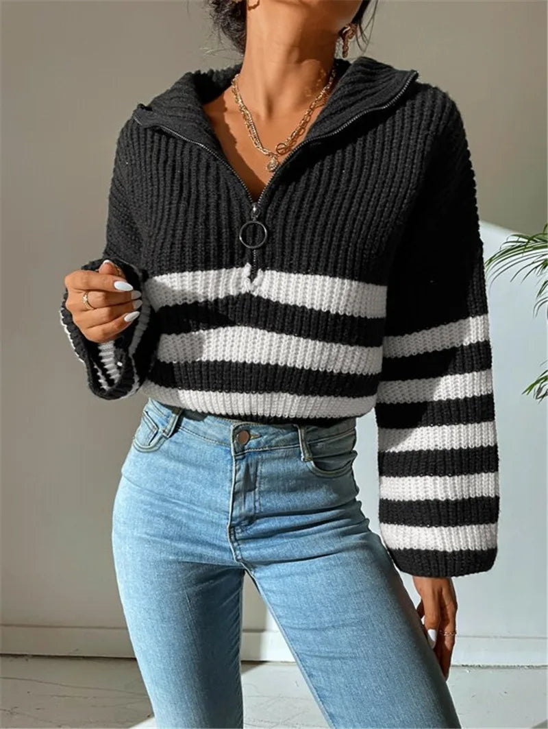 Pullover Sweaters - Zippy Contrast Stripe Flare Sweater