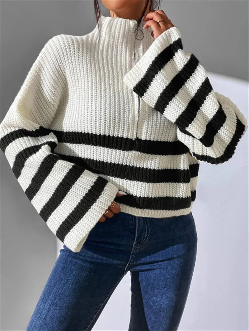 Pullover Sweaters - Zippy Contrast Stripe Flare Sweater