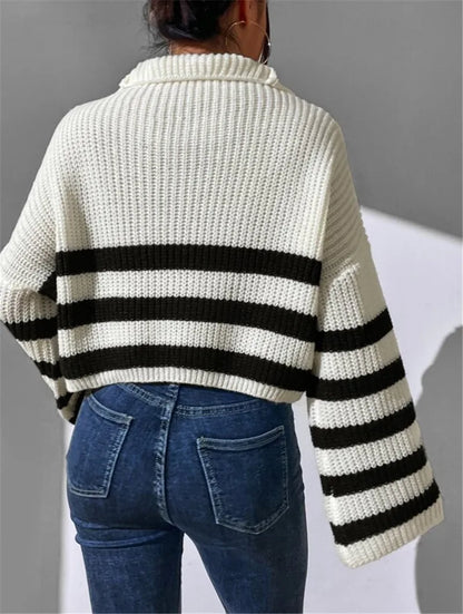 Pullover Sweaters - Zippy Contrast Stripe Flare Sweater