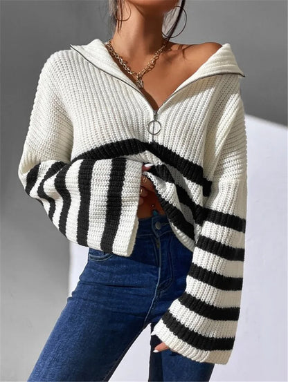 Pullover Sweaters - Zippy Contrast Stripe Flare Sweater