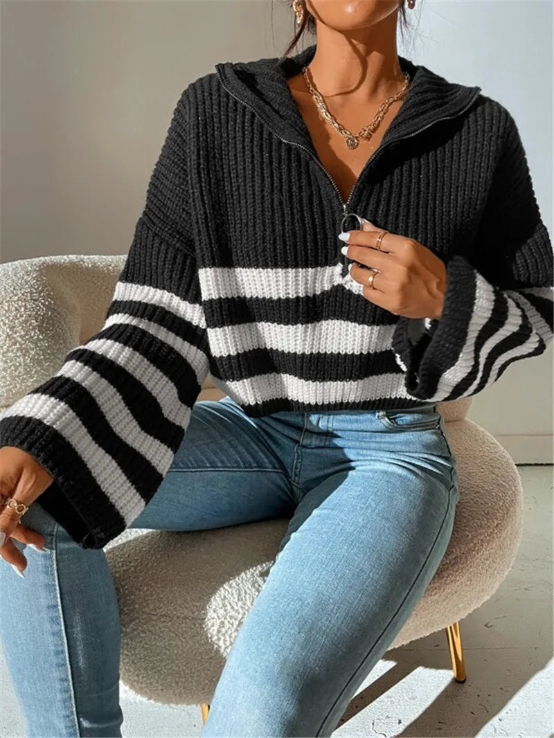 Pullover Sweaters - Zippy Contrast Stripe Flare Sweater